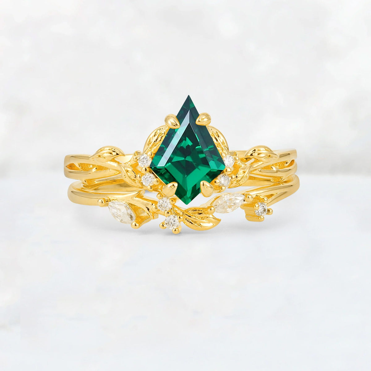 Elongated Kite Cut Emerald Leaf Vine Marquise Bridal Ring Set - Yellow-Gold