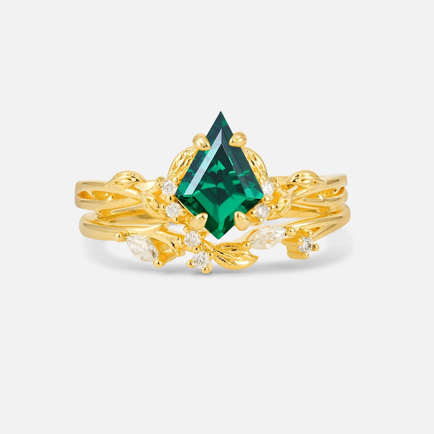 Elongated Kite Cut Emerald Leaf Vine Marquise Bridal Ring Set - Yellow-Gold