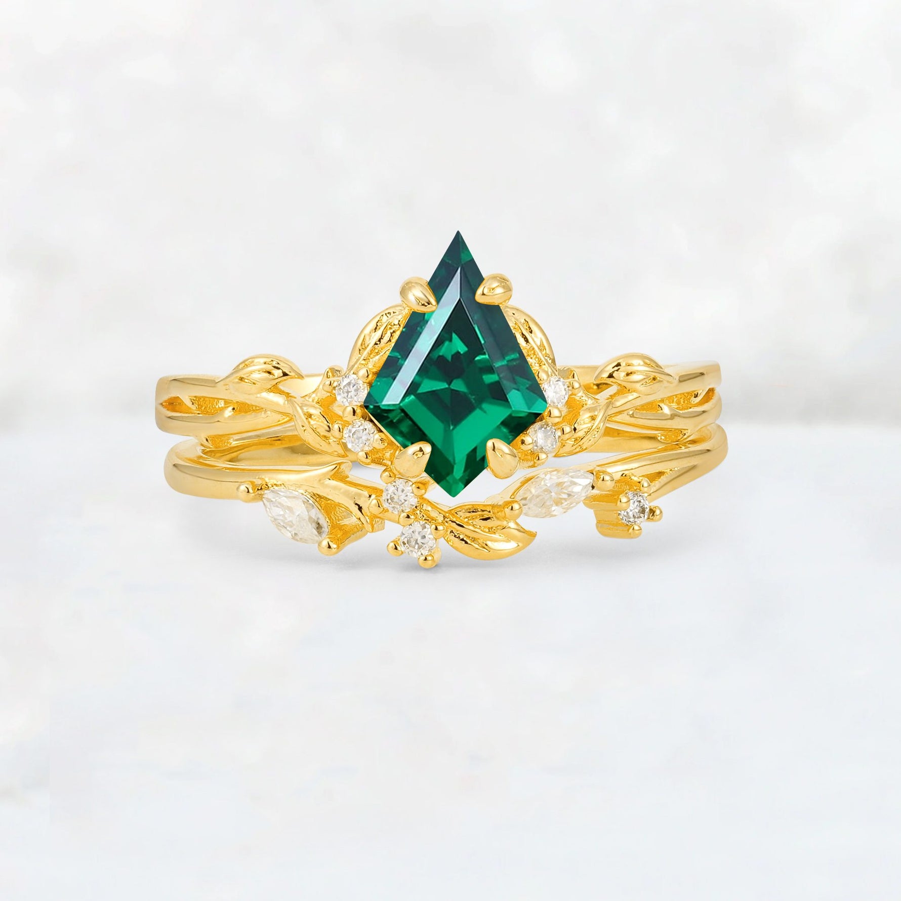 Elongated Kite Cut Emerald Leaf Vine Marquise Bridal Ring Set - Yellow-Gold