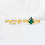 Elongated Kite Cut Emerald Leaf Vine Marquise Bridal Ring Set - White-Gold