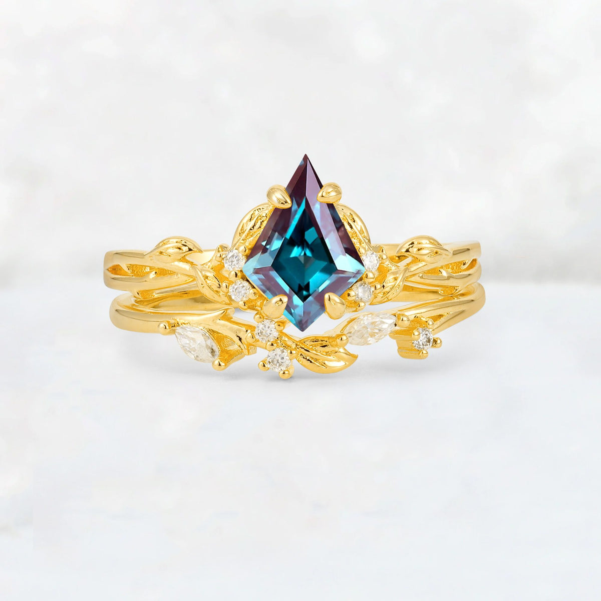 Elongated Kite Cut Alexandrite Leaf Vine Marquise Bridal Ring Set - Yellow-Gold