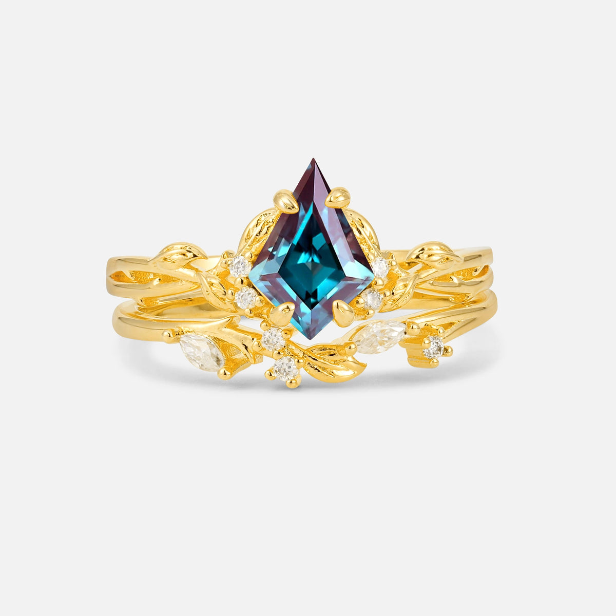 Elongated Kite Cut Alexandrite Leaf Vine Marquise Bridal Ring Set - Yellow-Gold