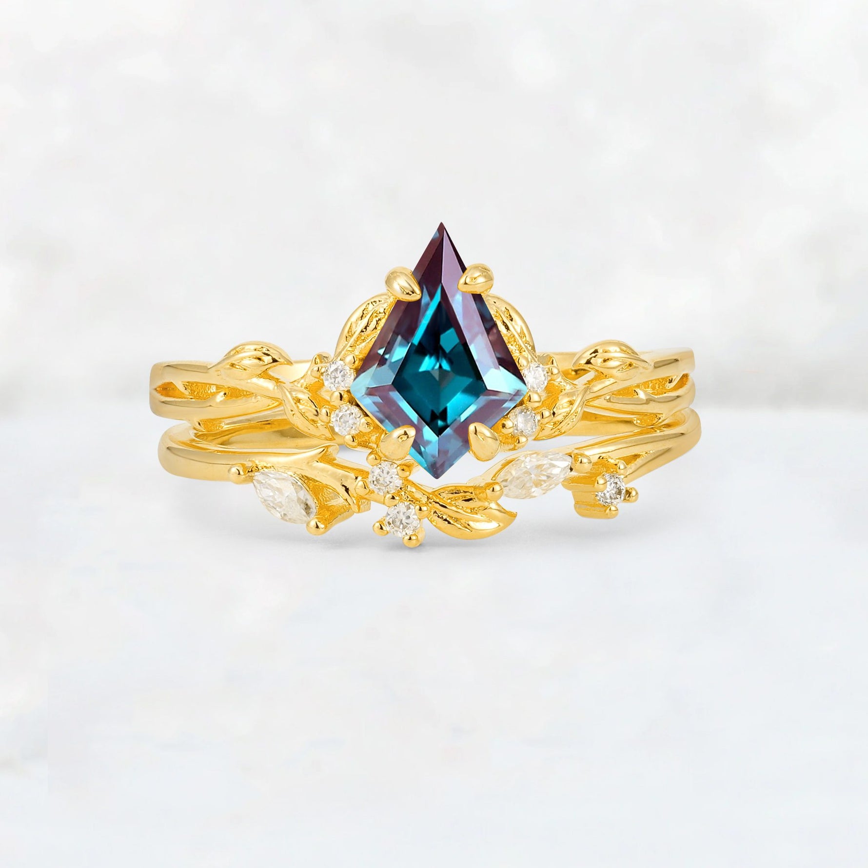 Elongated Kite Cut Alexandrite Leaf Vine Marquise Bridal Ring Set - Yellow-Gold