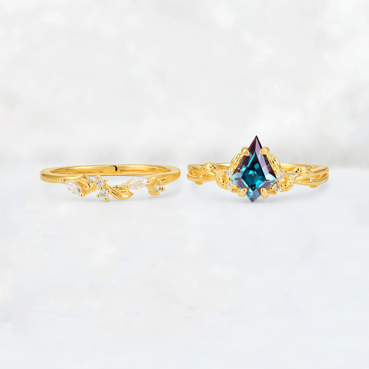 Elongated Kite Cut Alexandrite Leaf Vine Marquise Bridal Ring Set - White-Gold