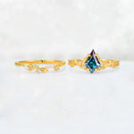 Elongated Kite Cut Alexandrite Leaf Vine Marquise Bridal Ring Set - White-Gold