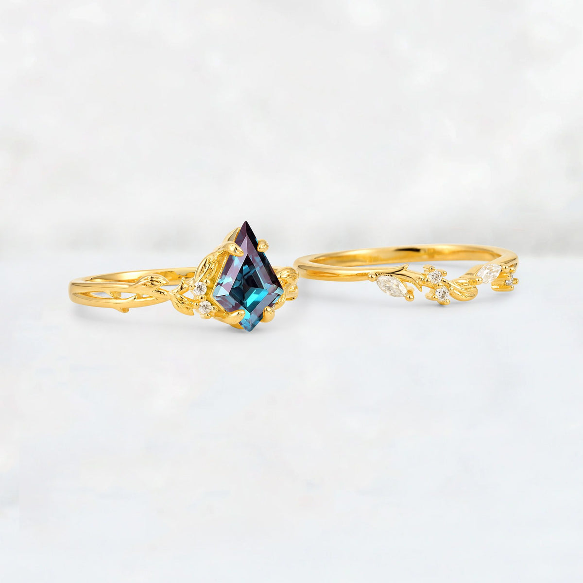 Elongated Kite Cut Alexandrite Leaf Vine Marquise Bridal Ring Set - Additional view