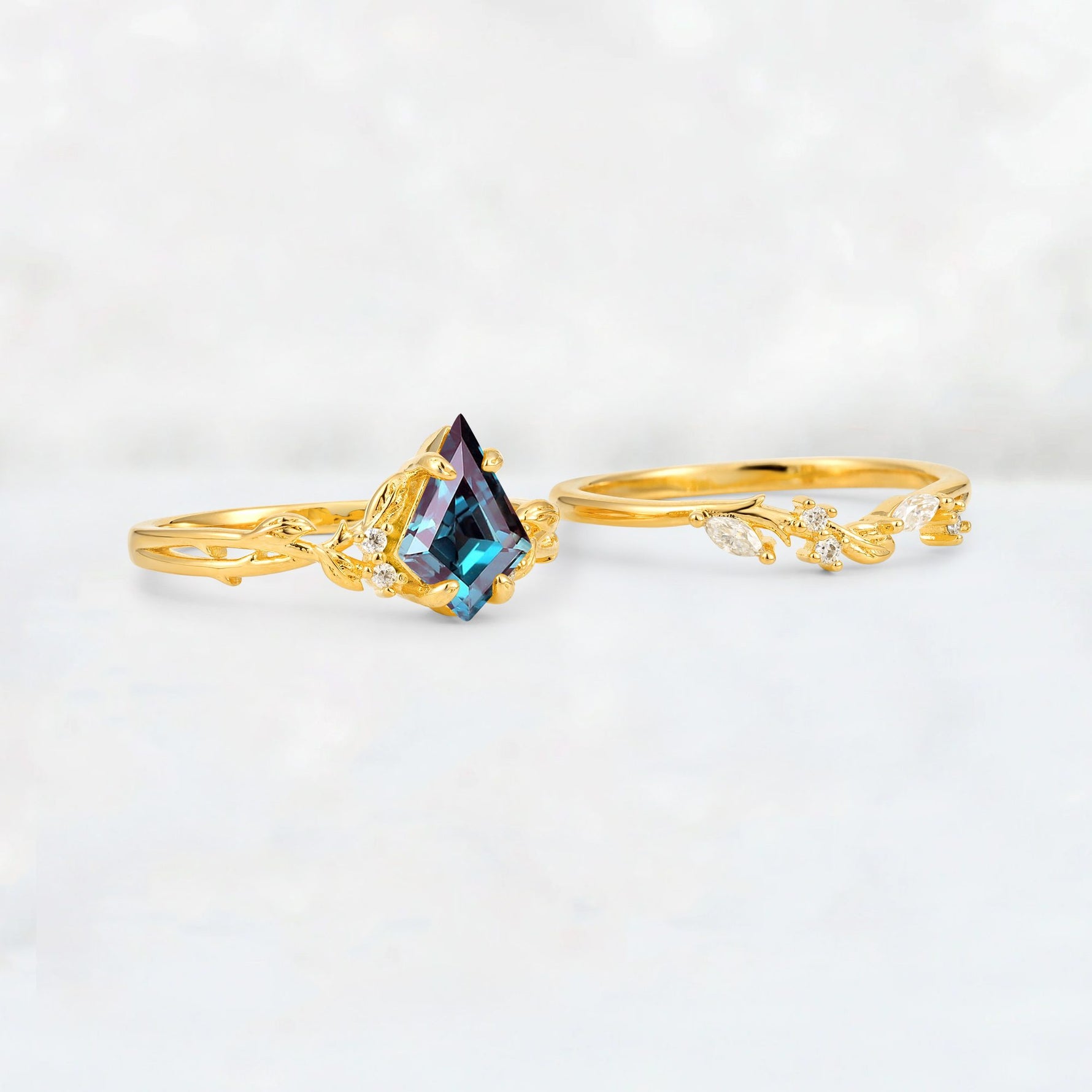 Elongated Kite Cut Alexandrite Leaf Vine Marquise Bridal Ring Set - Additional view