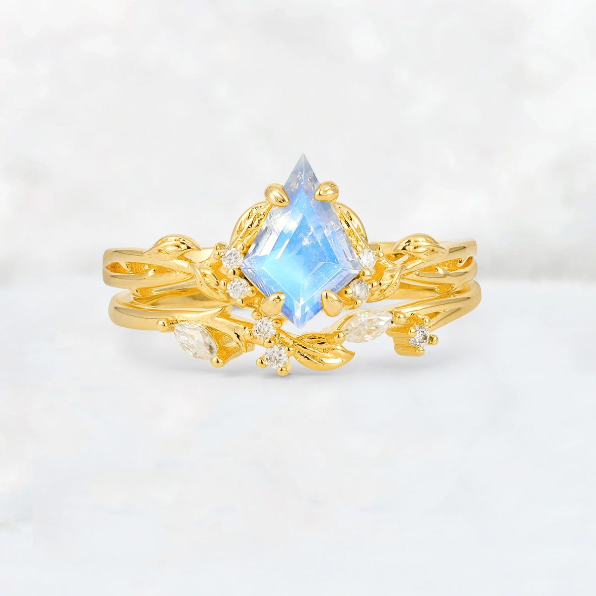 Elongated Kite Cut Moonstone Leaf Vine Marquise Bridal Ring Set - Yellow-Gold