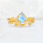 Elongated Kite Cut Moonstone Leaf Vine Marquise Bridal Ring Set - Yellow-Gold
