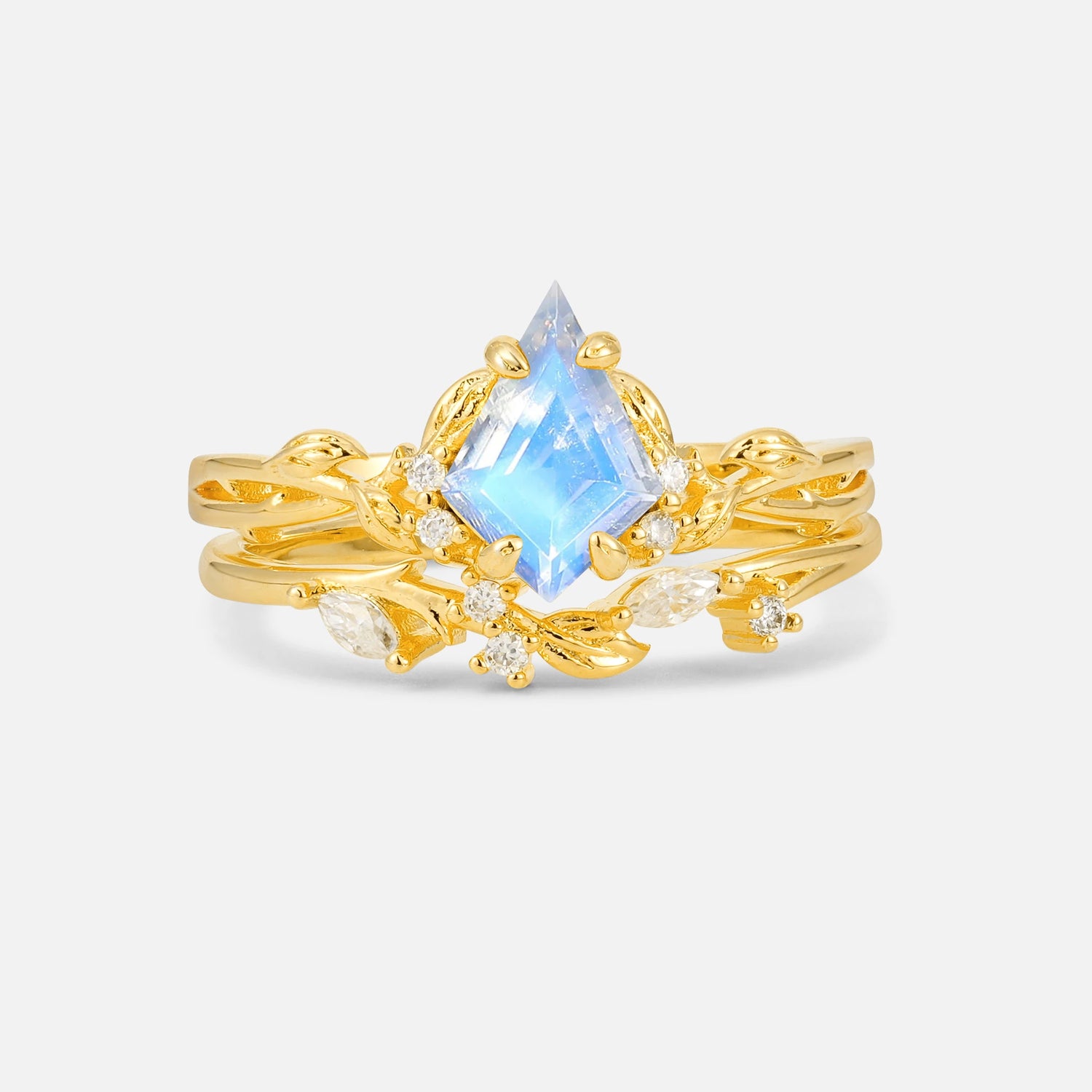 Elongated Kite Cut Moonstone Leaf Vine Marquise Bridal Ring Set - Yellow-Gold