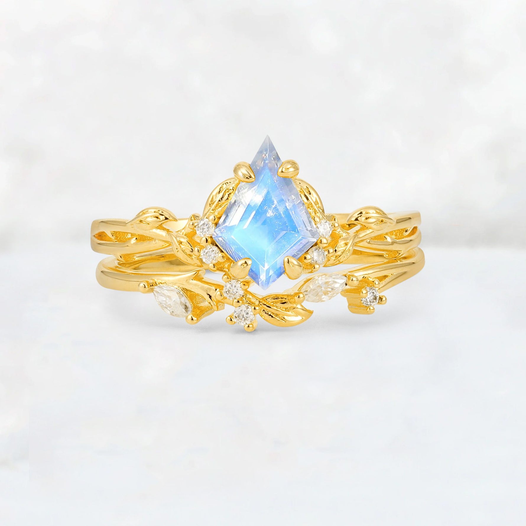 Elongated Kite Cut Moonstone Leaf Vine Marquise Bridal Ring Set - Yellow-Gold