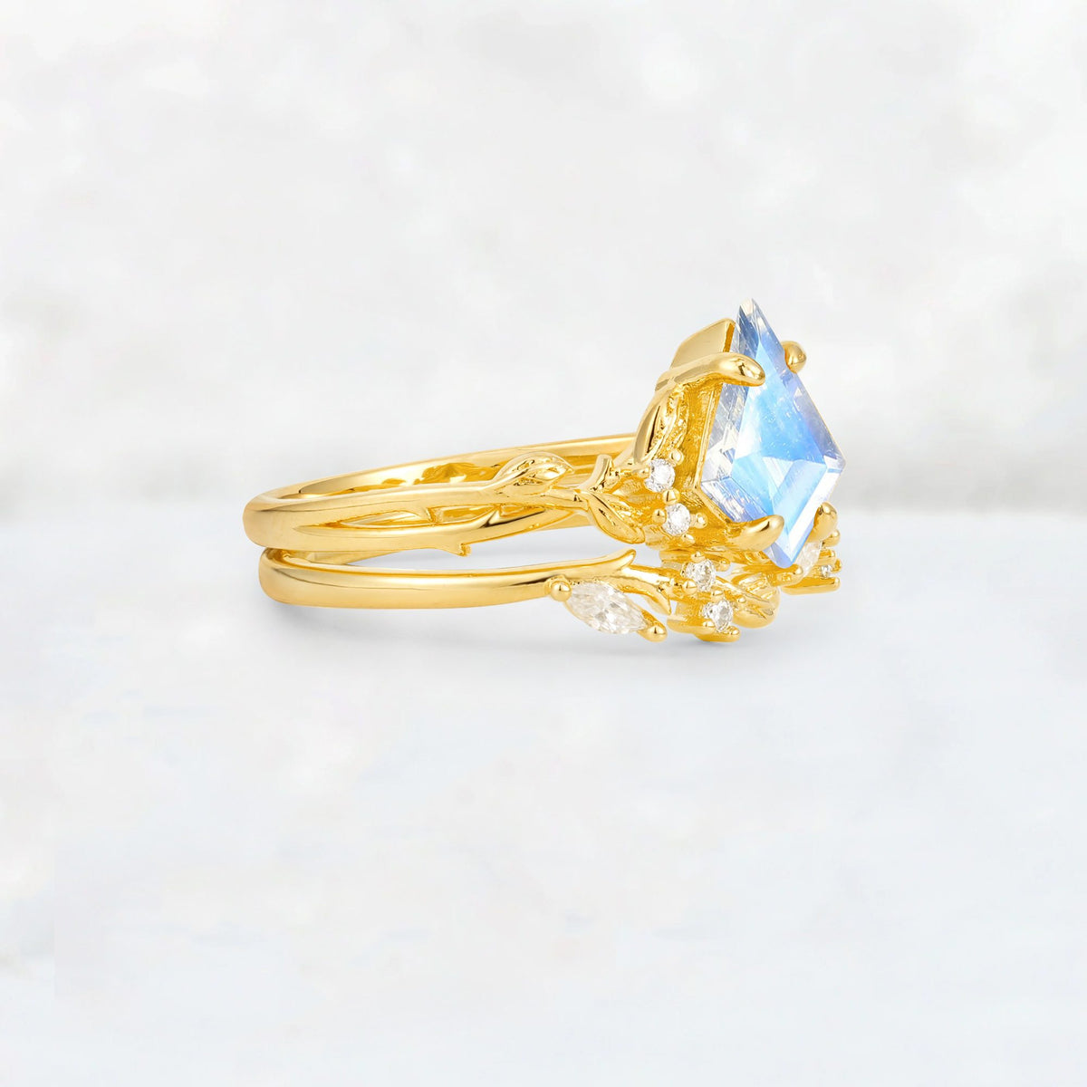 Elongated Kite Cut Moonstone Leaf Vine Marquise Bridal Ring Set - Rose-Gold