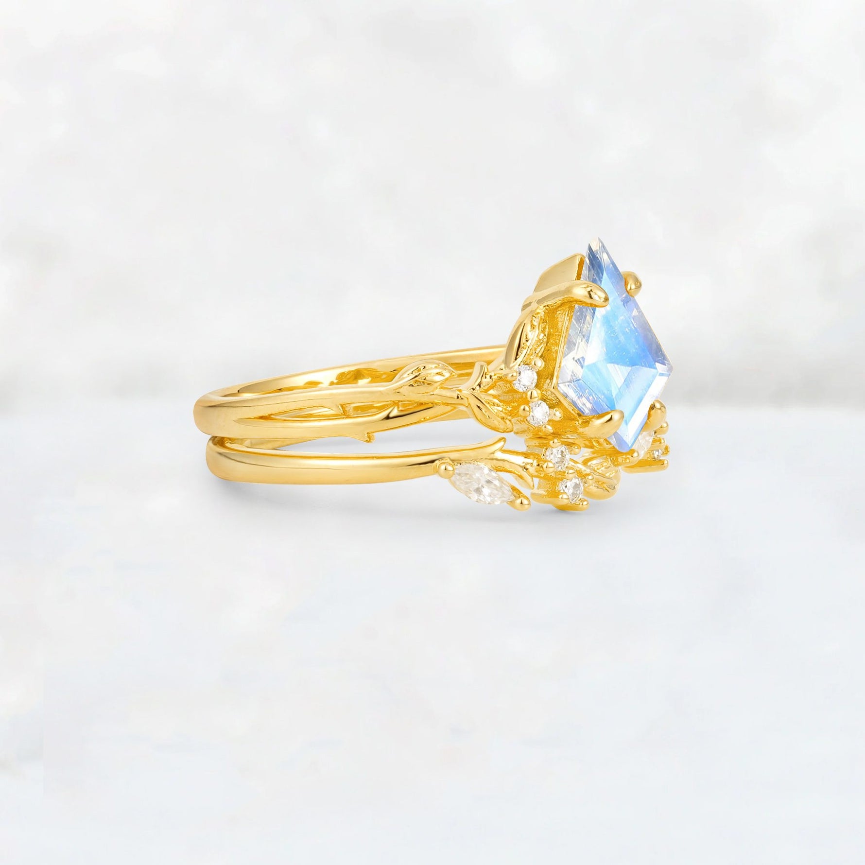 Elongated Kite Cut Moonstone Leaf Vine Marquise Bridal Ring Set - Rose-Gold