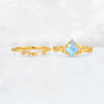 Elongated Kite Cut Moonstone Leaf Vine Marquise Bridal Ring Set - White-Gold