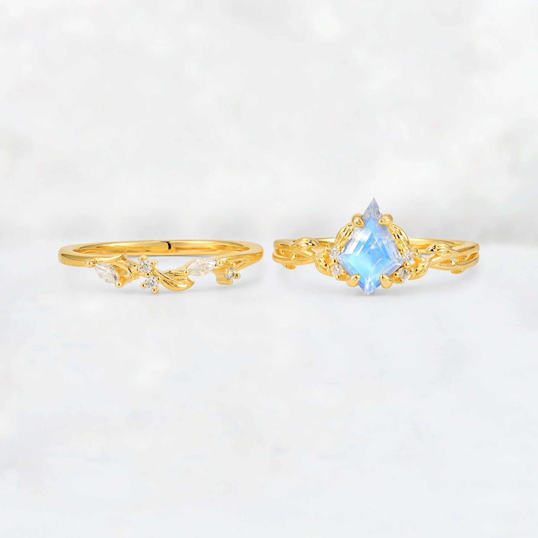 Elongated Kite Cut Moonstone Leaf Vine Marquise Bridal Ring Set - White-Gold