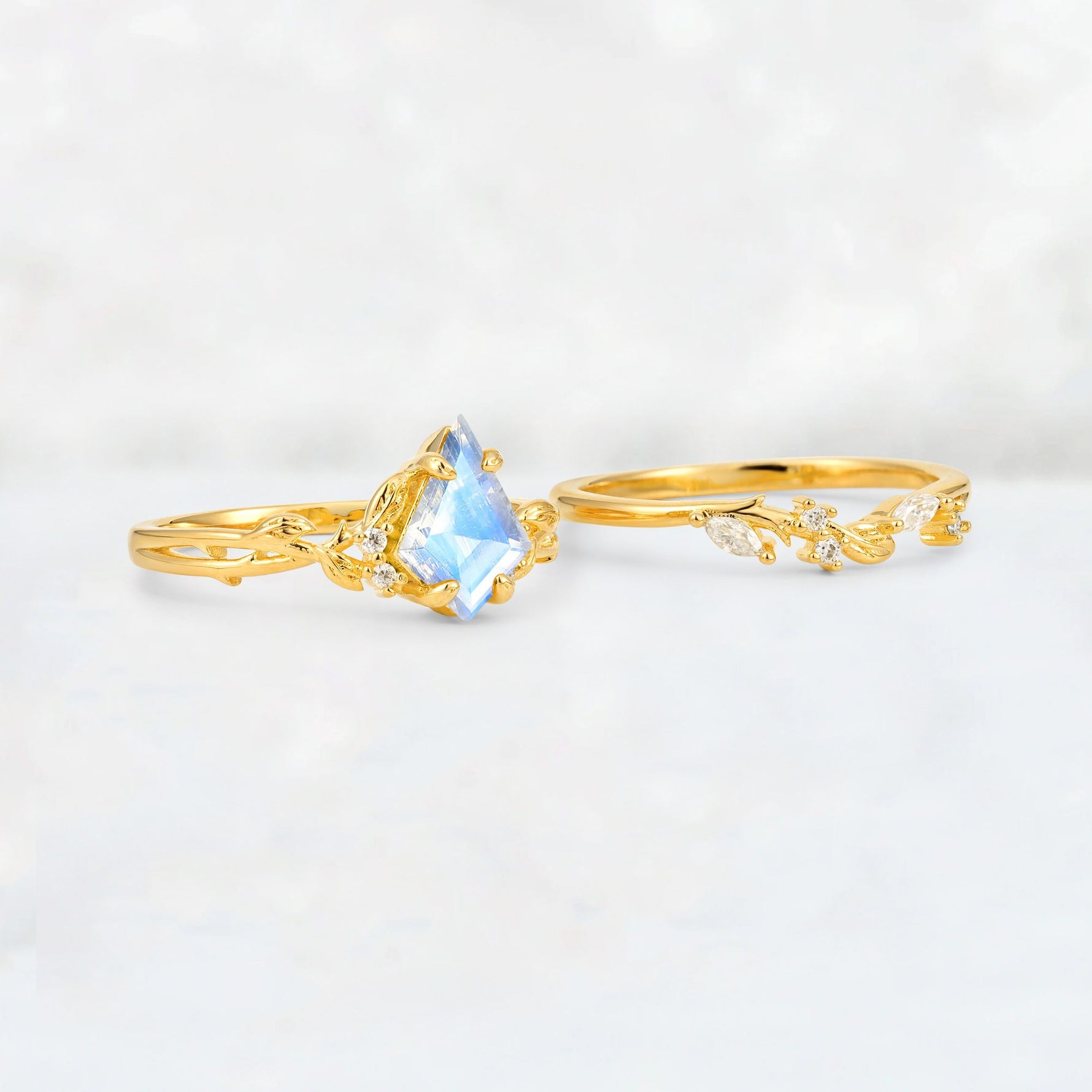 Elongated Kite Cut Moonstone Leaf Vine Marquise Bridal Ring Set - Additional view