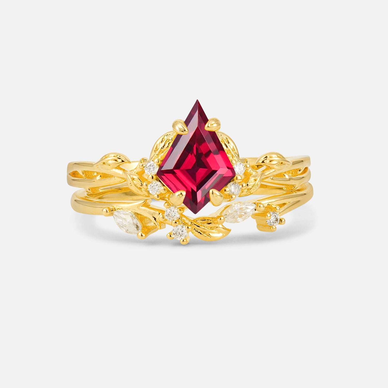 Elongated Kite Cut Ruby Leaf Vine Marquise Bridal Ring Set - Yellow-Gold