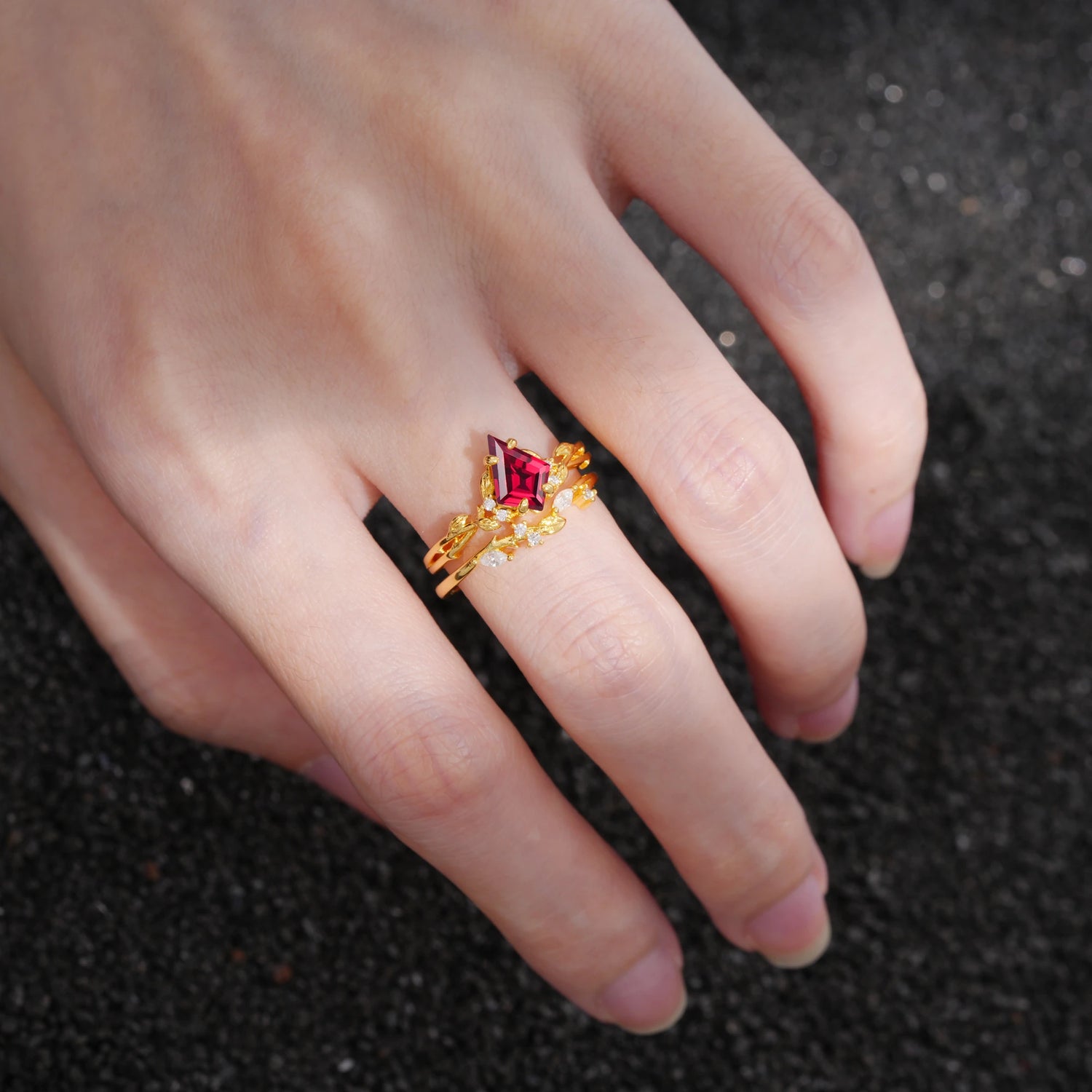 Elongated Kite Cut Ruby Leaf Vine Marquise Bridal Ring Set
