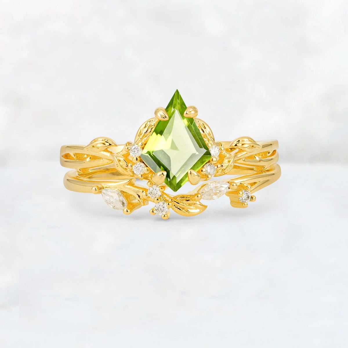 Elongated Kite Cut Peridot Leaf Vine Marquise Bridal Ring Set - Yellow-Gold
