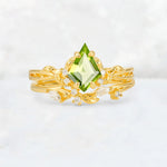 Elongated Kite Cut Peridot Leaf Vine Marquise Bridal Ring Set - Yellow-Gold