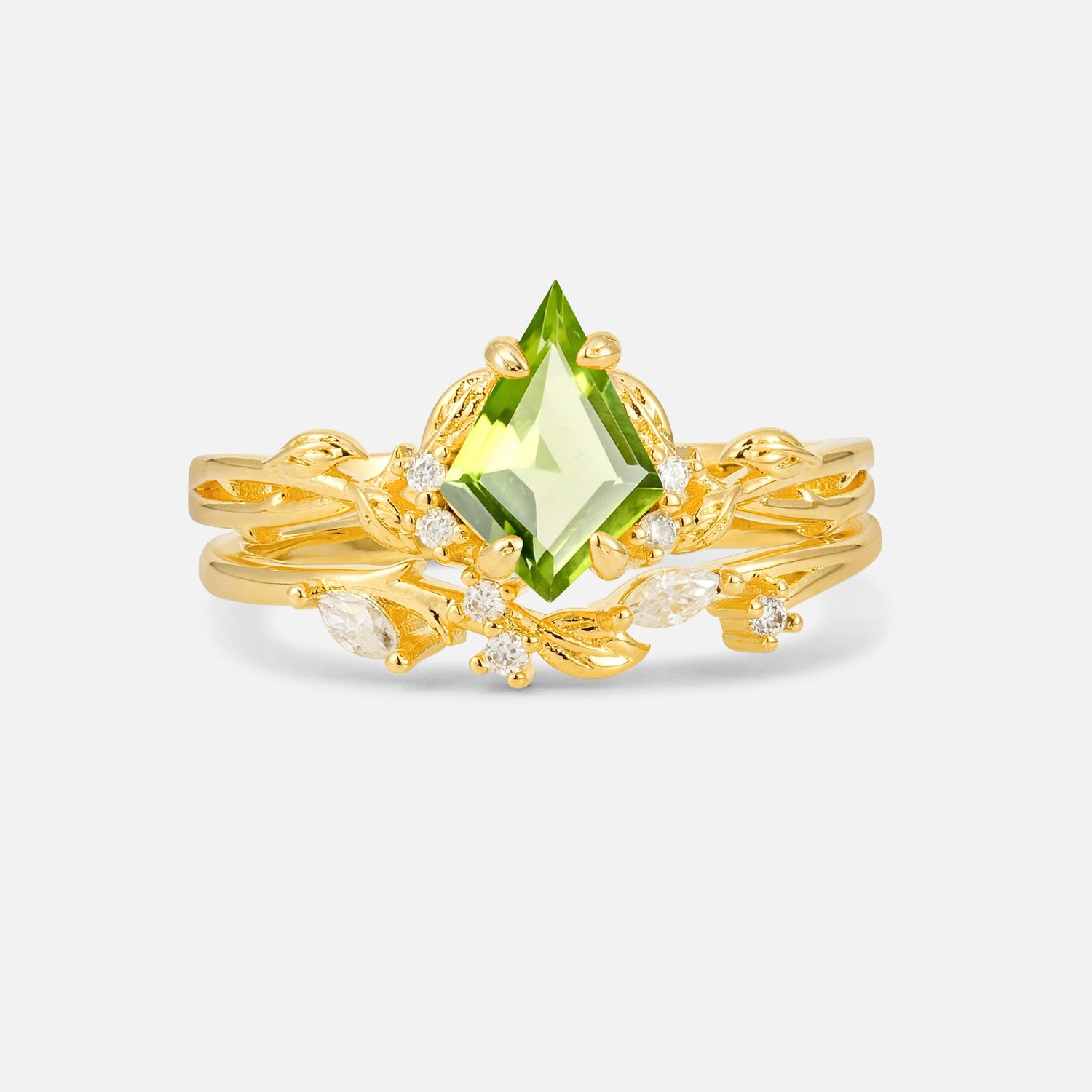 Elongated Kite Cut Peridot Leaf Vine Marquise Bridal Ring Set - Yellow-Gold