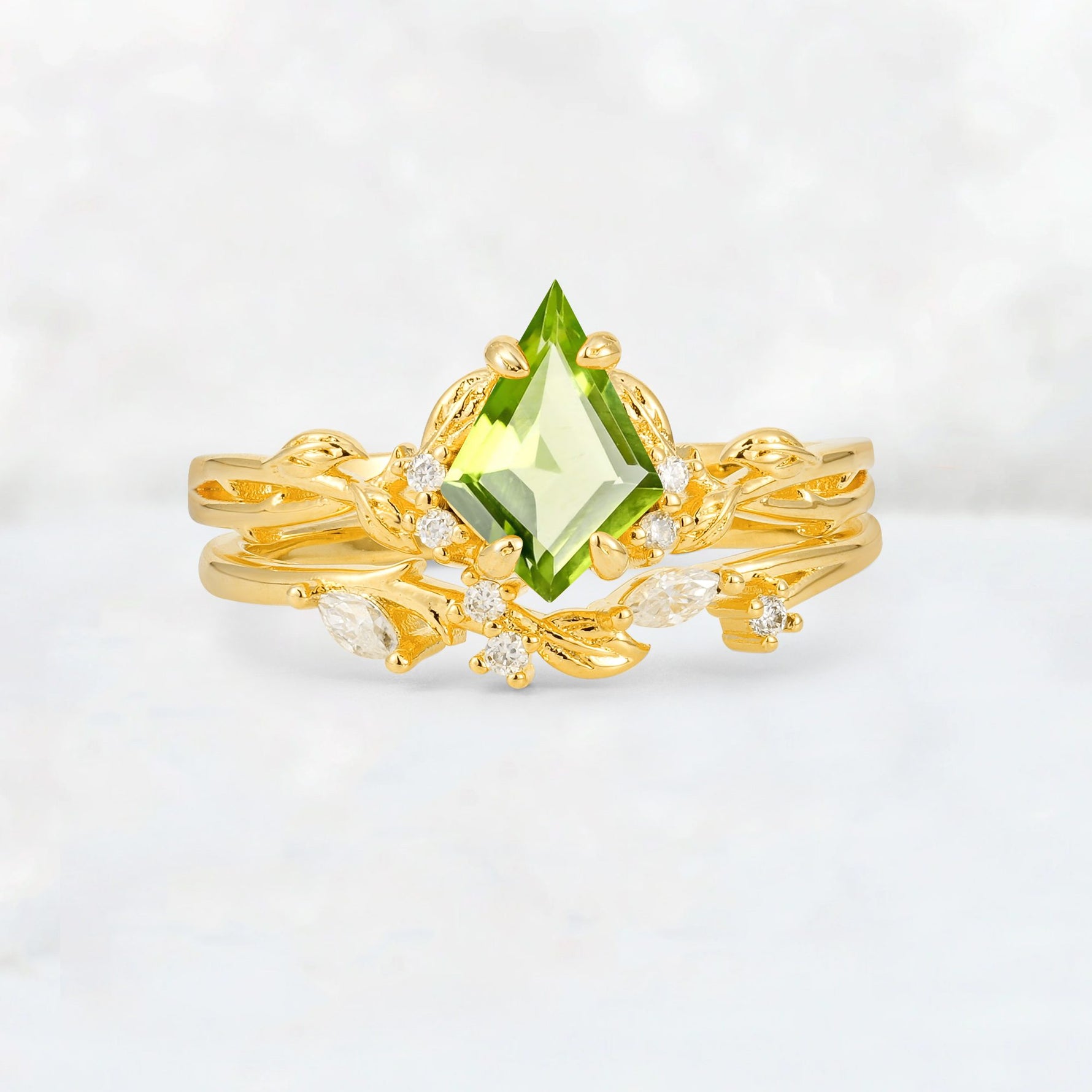 Elongated Kite Cut Peridot Leaf Vine Marquise Bridal Ring Set - Yellow-Gold