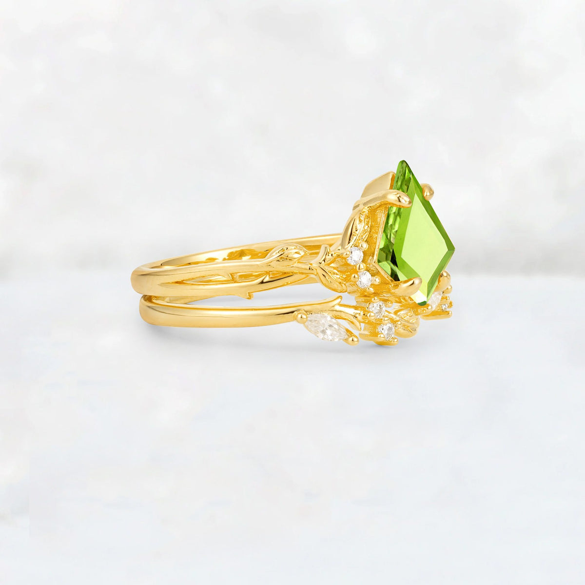 Elongated Kite Cut Peridot Leaf Vine Marquise Bridal Ring Set - Rose-Gold
