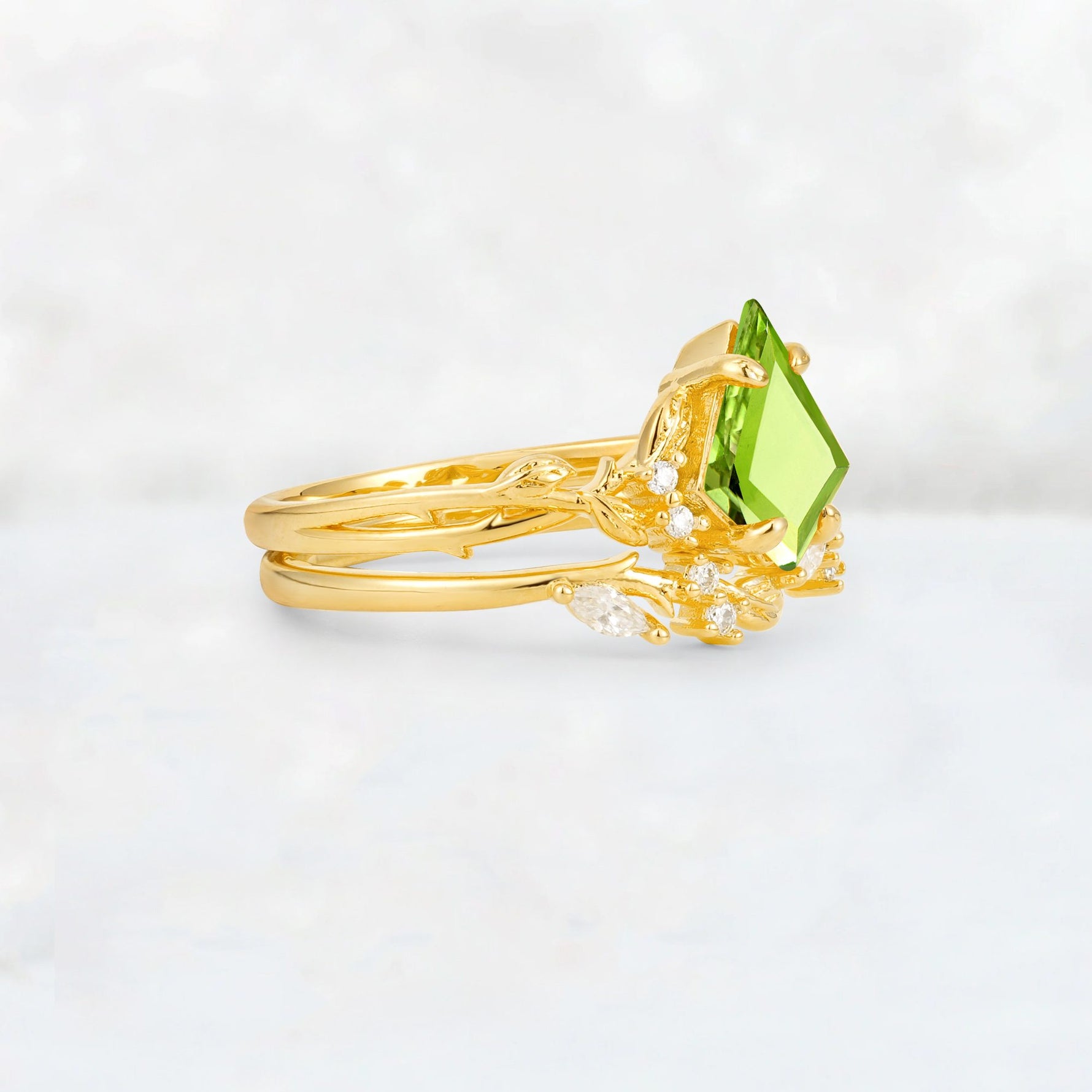 Elongated Kite Cut Peridot Leaf Vine Marquise Bridal Ring Set - Rose-Gold