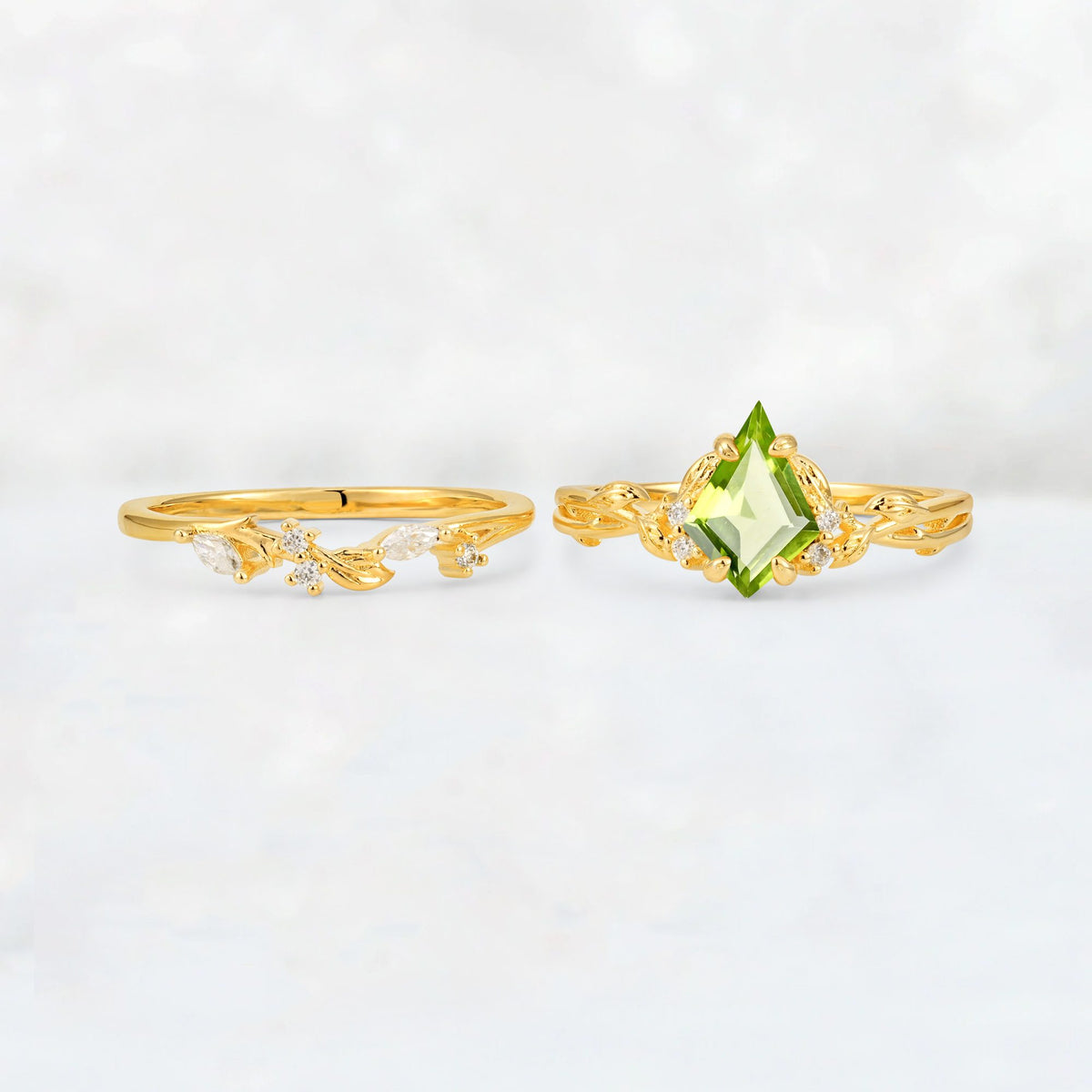 Elongated Kite Cut Peridot Leaf Vine Marquise Bridal Ring Set - White-Gold