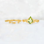 Elongated Kite Cut Peridot Leaf Vine Marquise Bridal Ring Set - White-Gold