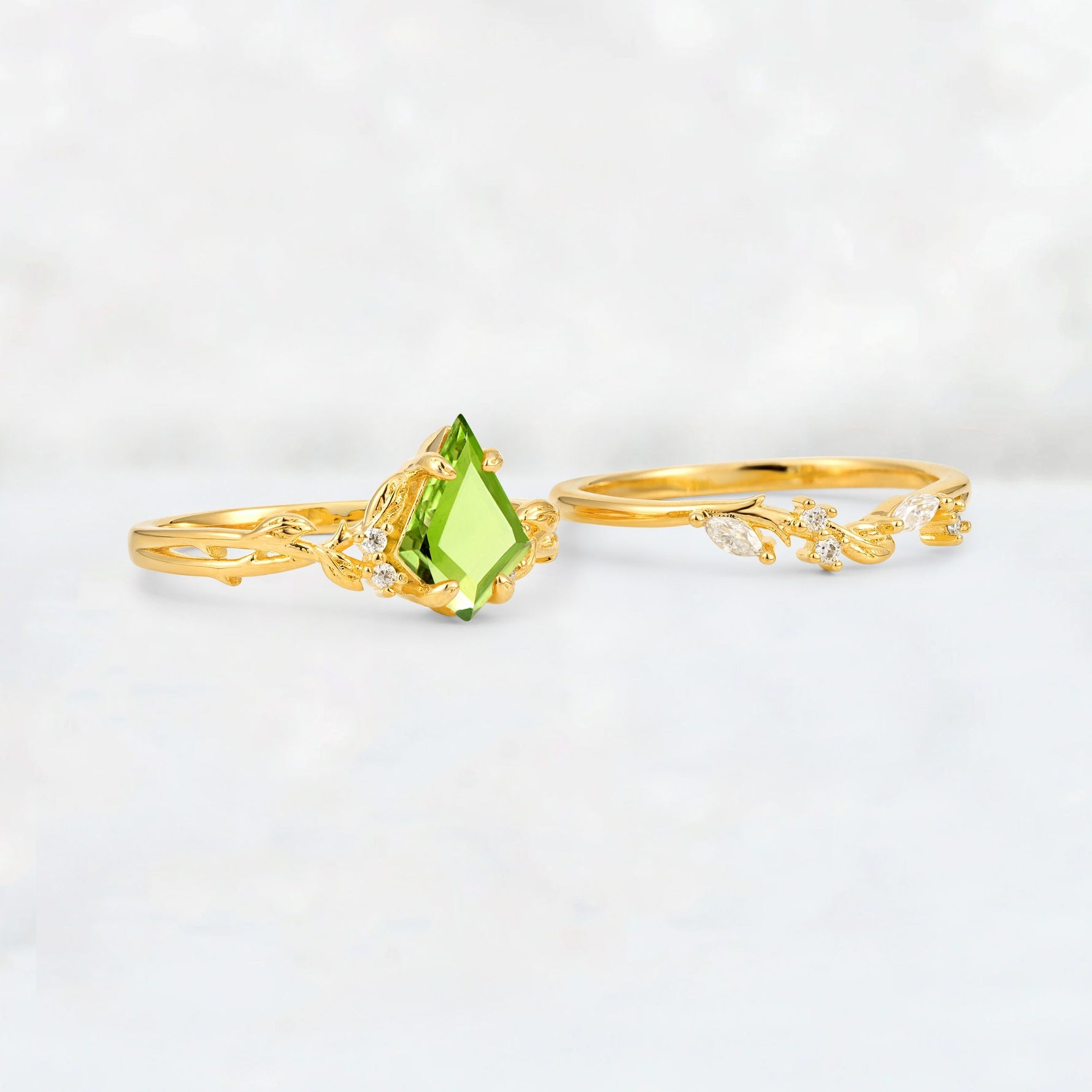 Elongated Kite Cut Peridot Leaf Vine Marquise Bridal Ring Set - Additional view