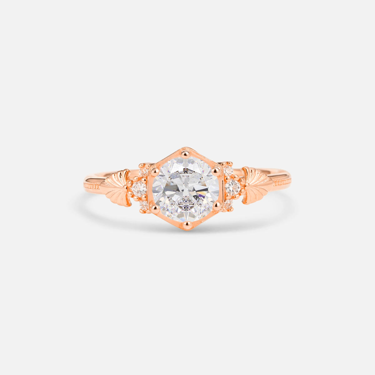 Round Cut Moissanite Engagement Ring with Floral Side Stone Detail - Additional view