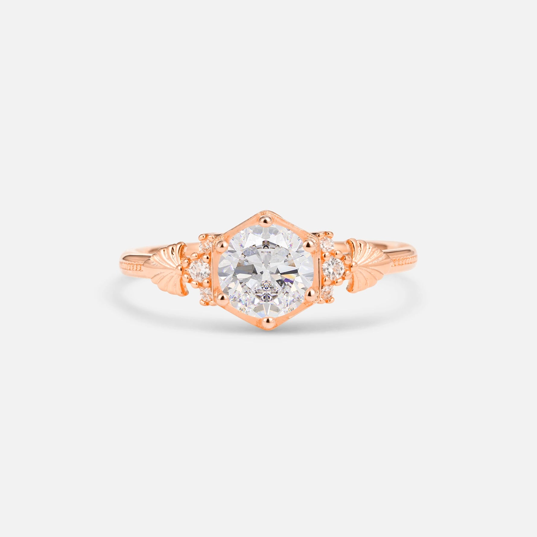 Round Cut Moissanite Engagement Ring with Floral Side Stone Detail - Additional view