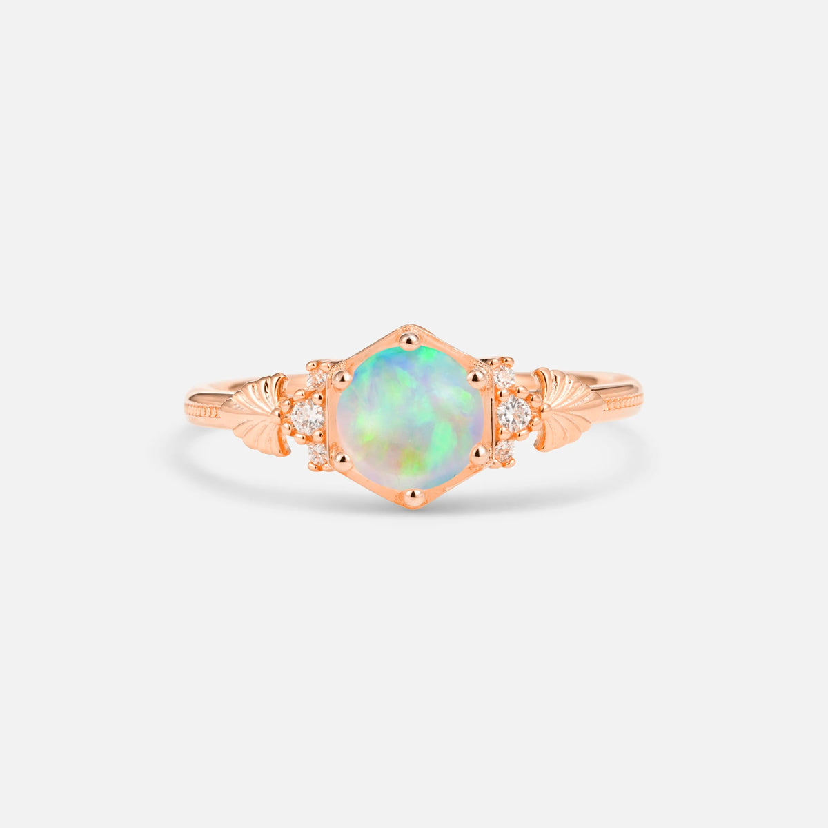 Round Cut Fire Opal Engagement Ring with Floral Side Stone Detail - Additional view