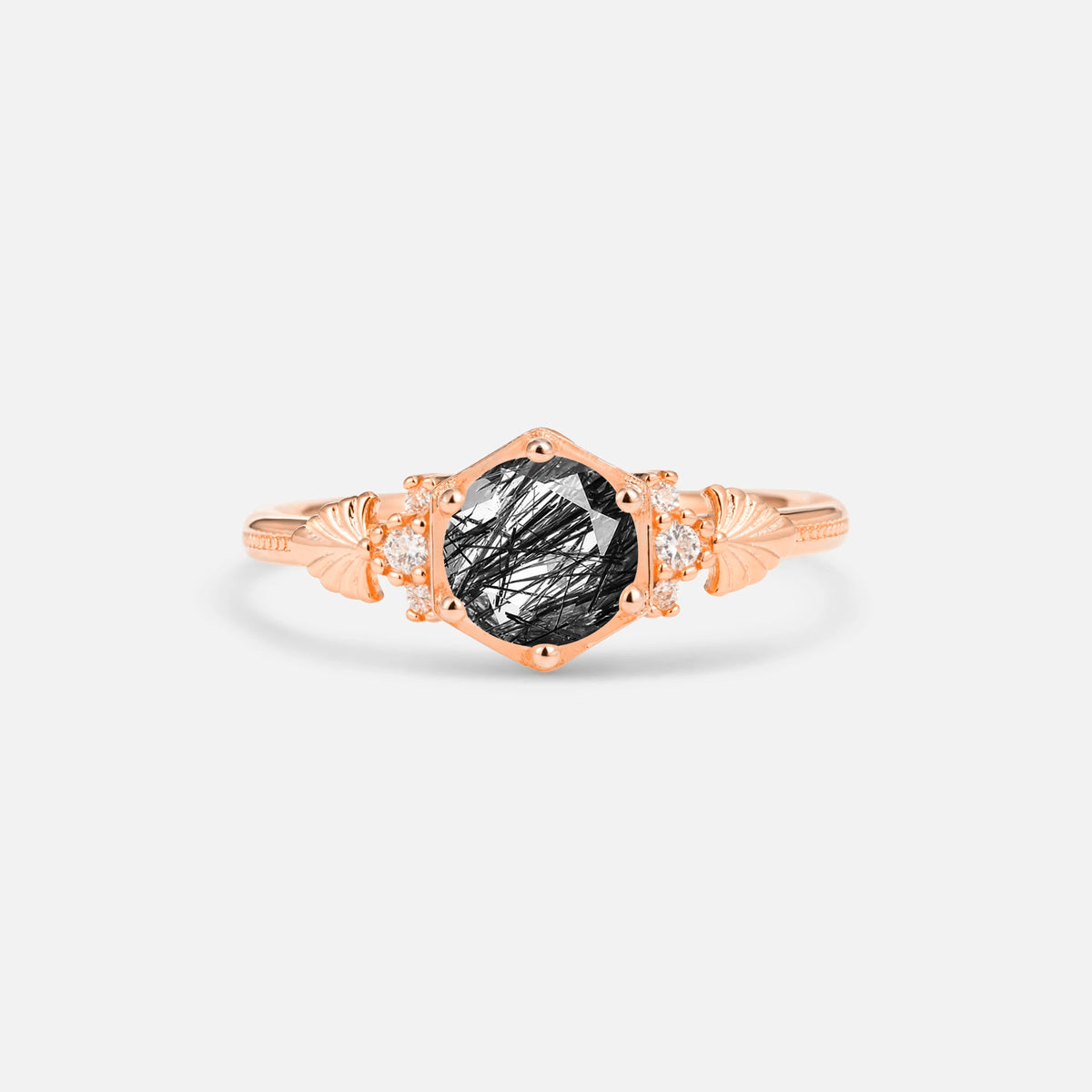Round Cut Black Rutilated Quartz Engagement Ring with Floral Side Stone Detail - Additional view
