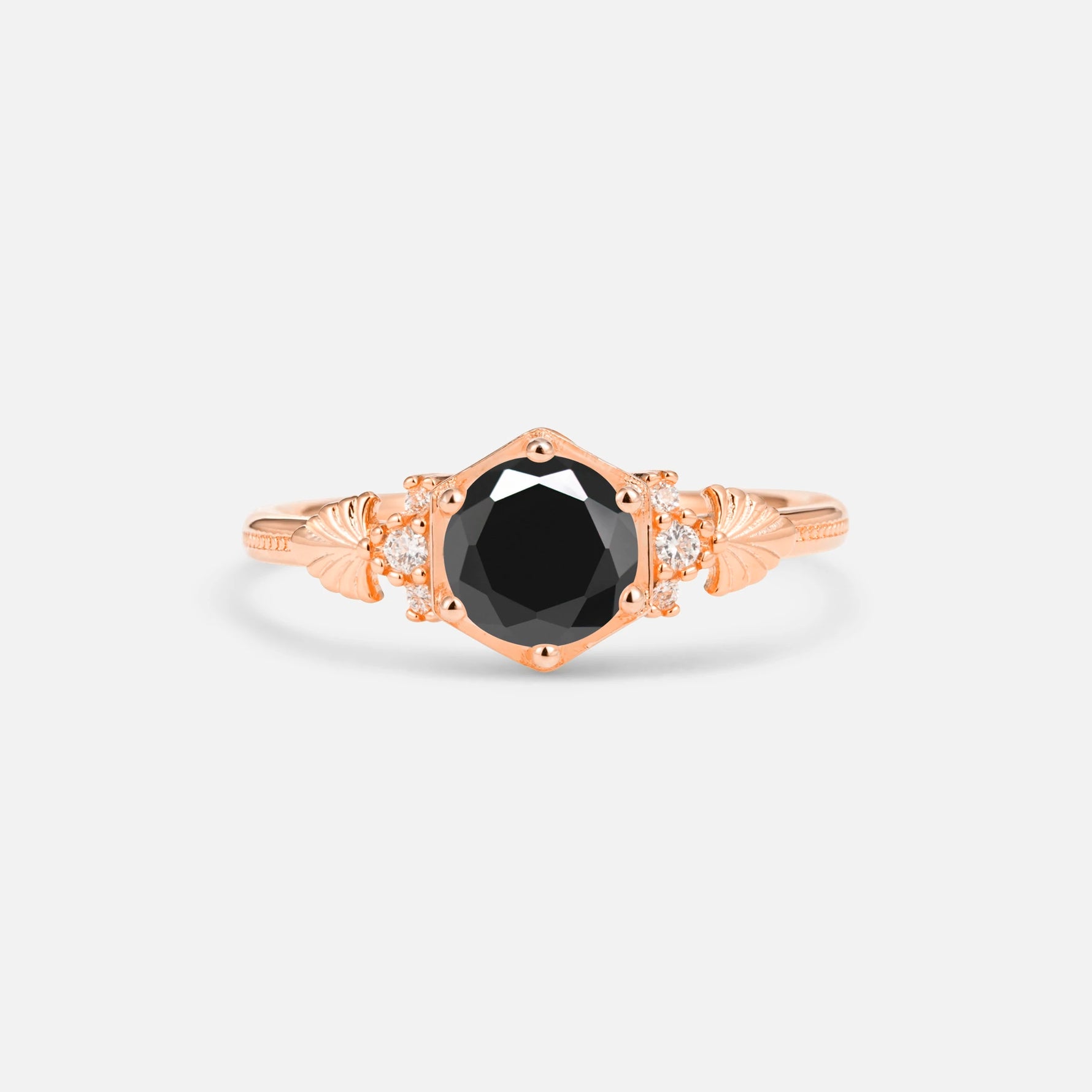 Round Cut Black Onyx Engagement Ring with Floral Side Stone Detail - Additional view