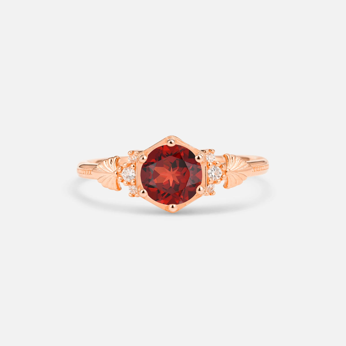 Round Cut Garnet Engagement Ring with Floral Side Stone Detail - Additional view