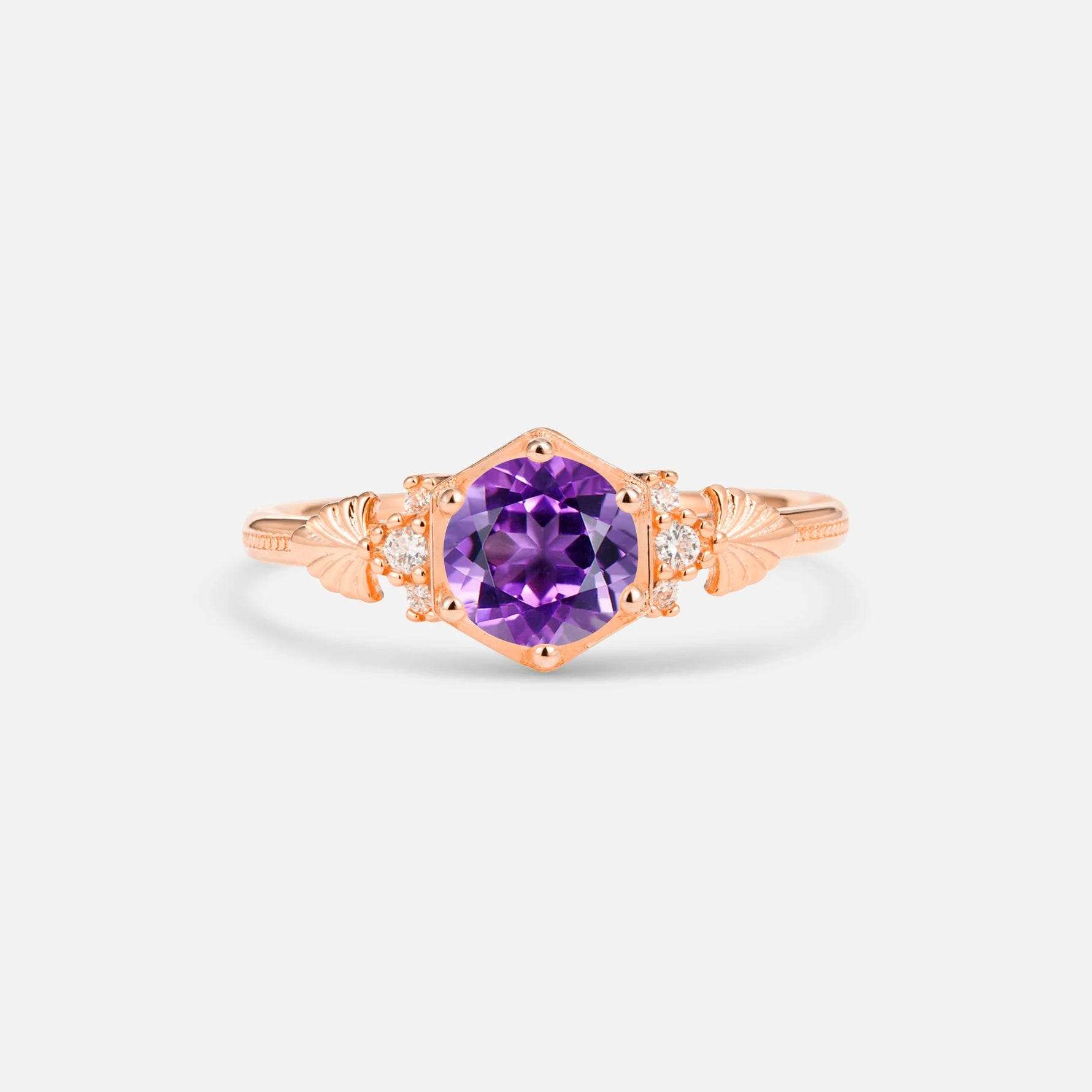 Round Cut Amethyst Engagement Ring with Floral Side Stone Detail - Additional view