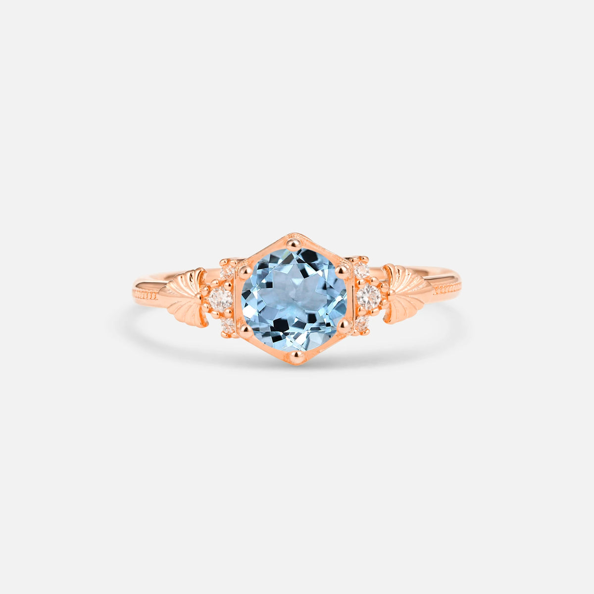 Round Cut Aquamarine Engagement Ring with Floral Side Stone Detail - Additional view