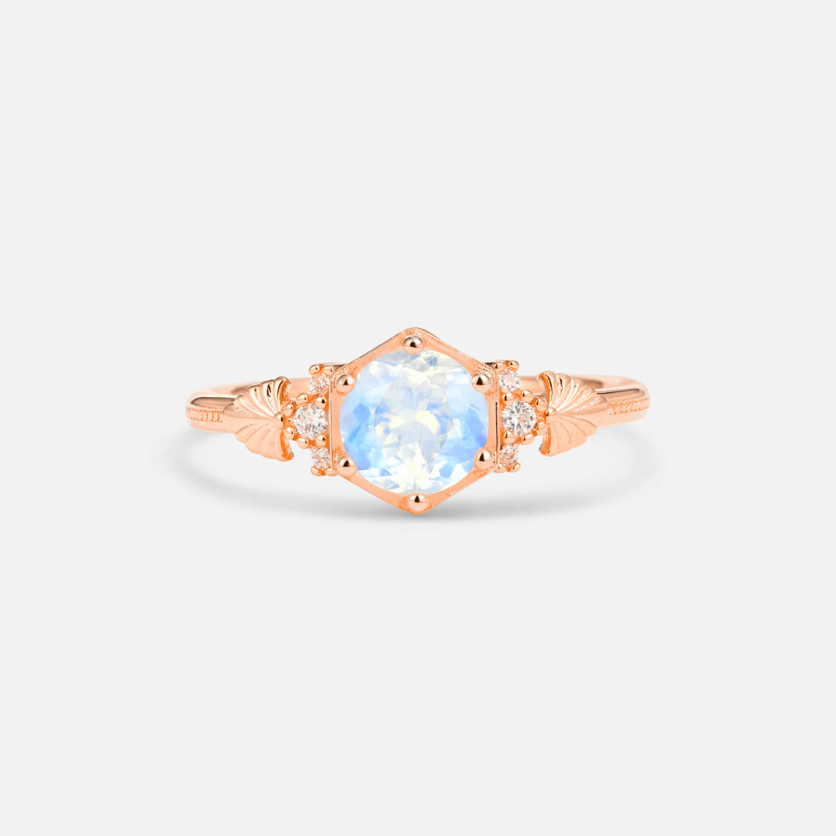 Round Cut Moonstone Engagement Ring with Floral Side Stone Detail - Additional view