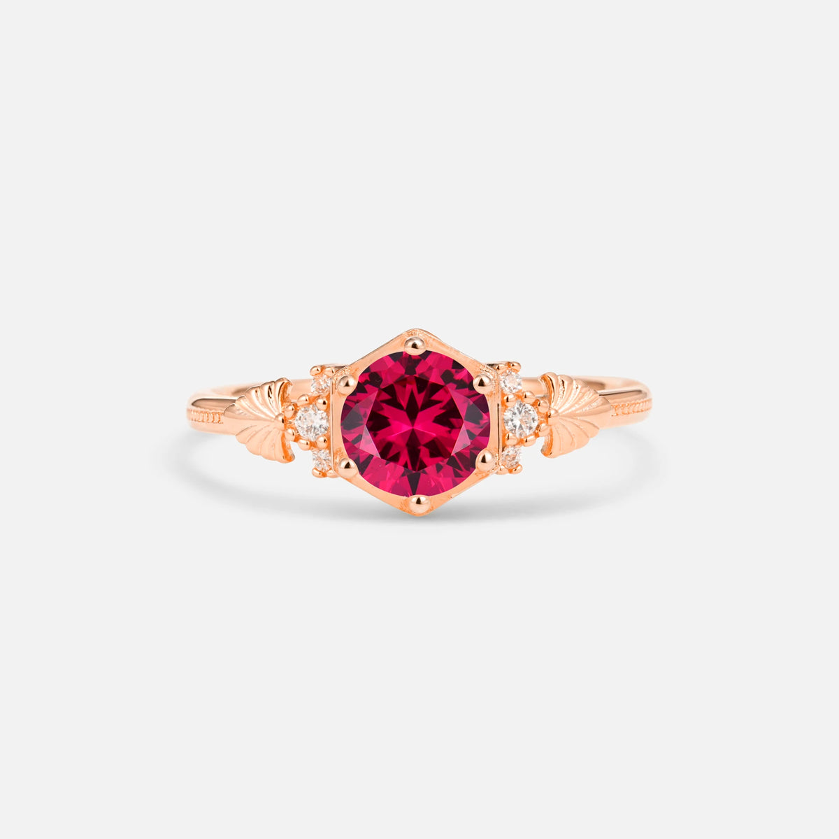 Round Cut Ruby Engagement Ring with Floral Side Stone Detail - Additional view