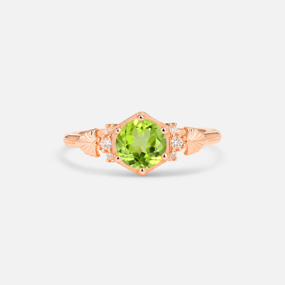 Round Cut Peridot Engagement Ring with Floral Side Stone Detail - Additional view