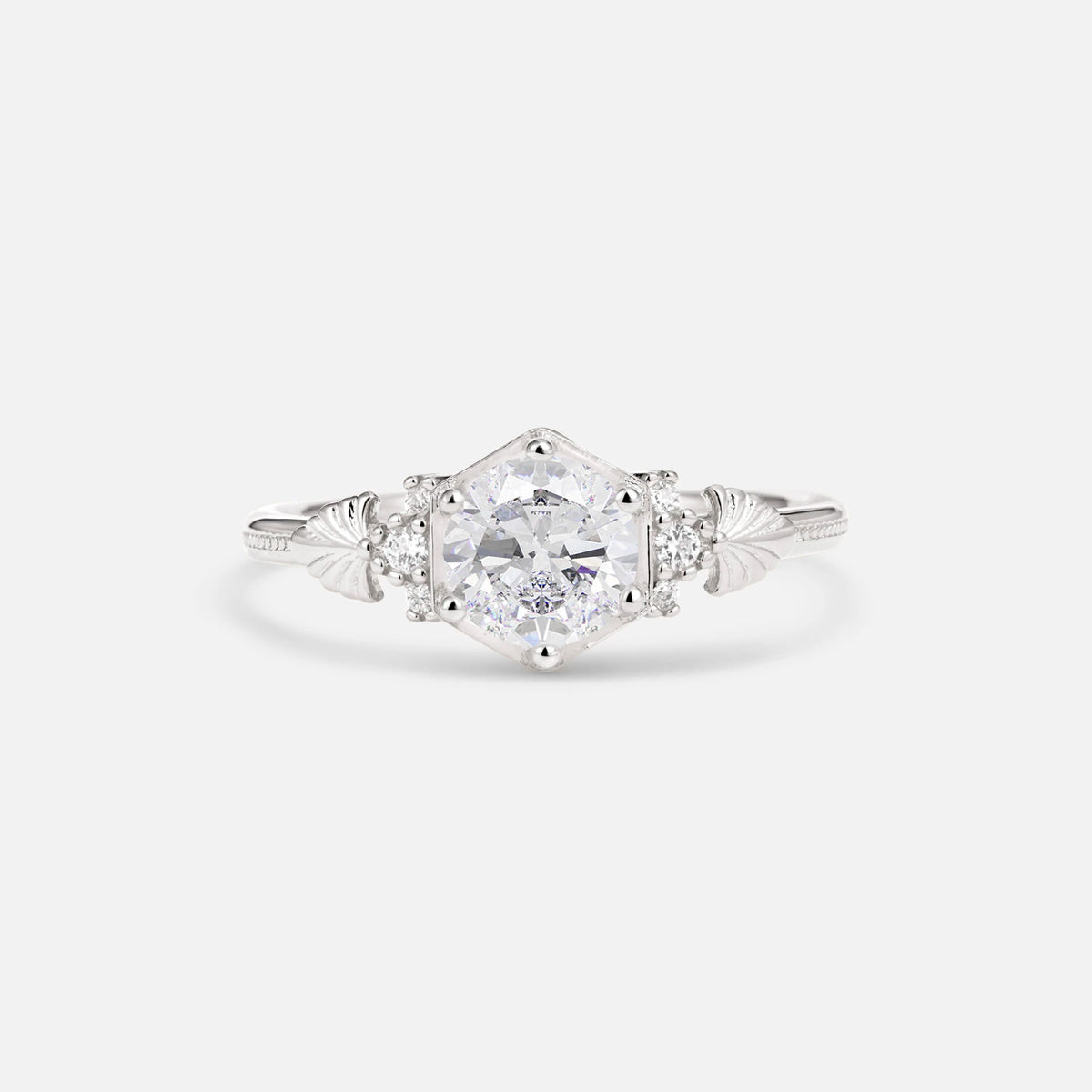 Round Cut Moissanite Engagement Ring with Floral Side Stone Detail - Additional view
