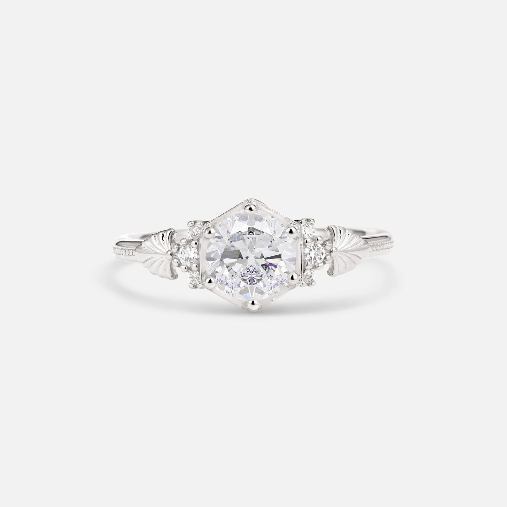 Round Cut Moissanite Engagement Ring with Floral Side Stone Detail - Additional view