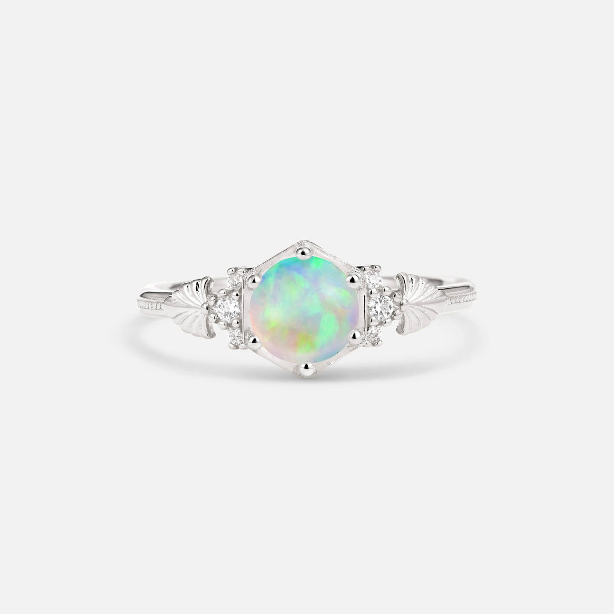Round Cut Fire Opal Engagement Ring with Floral Side Stone Detail - Additional view