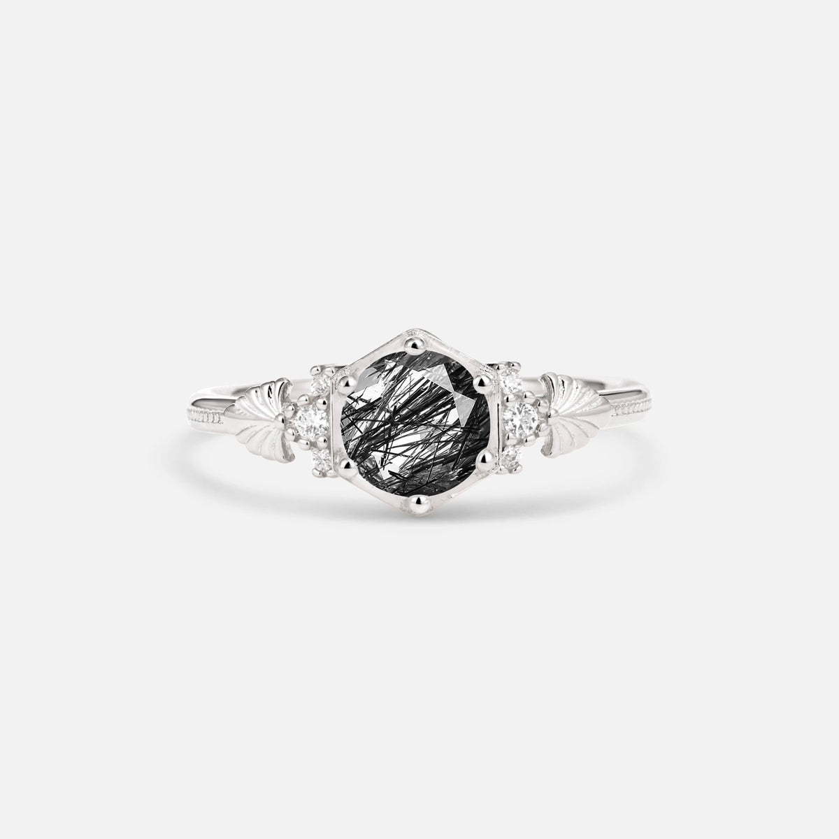 Round Cut Black Rutilated Quartz Engagement Ring with Floral Side Stone Detail - Additional view