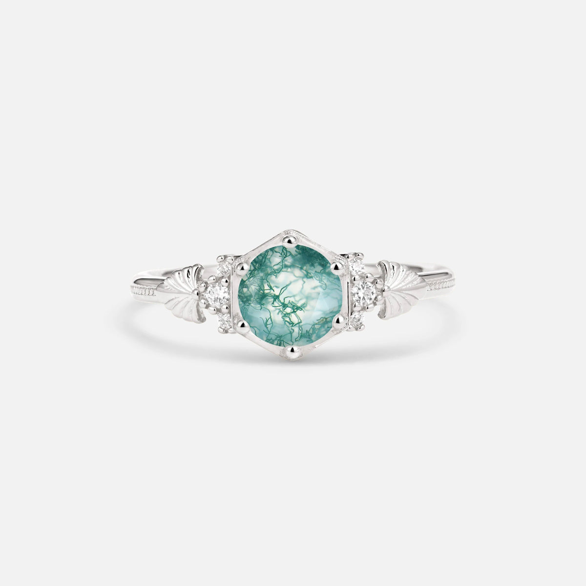Round Cut Moss Agate Engagement Ring with Floral Side Stone Detail - Additional view