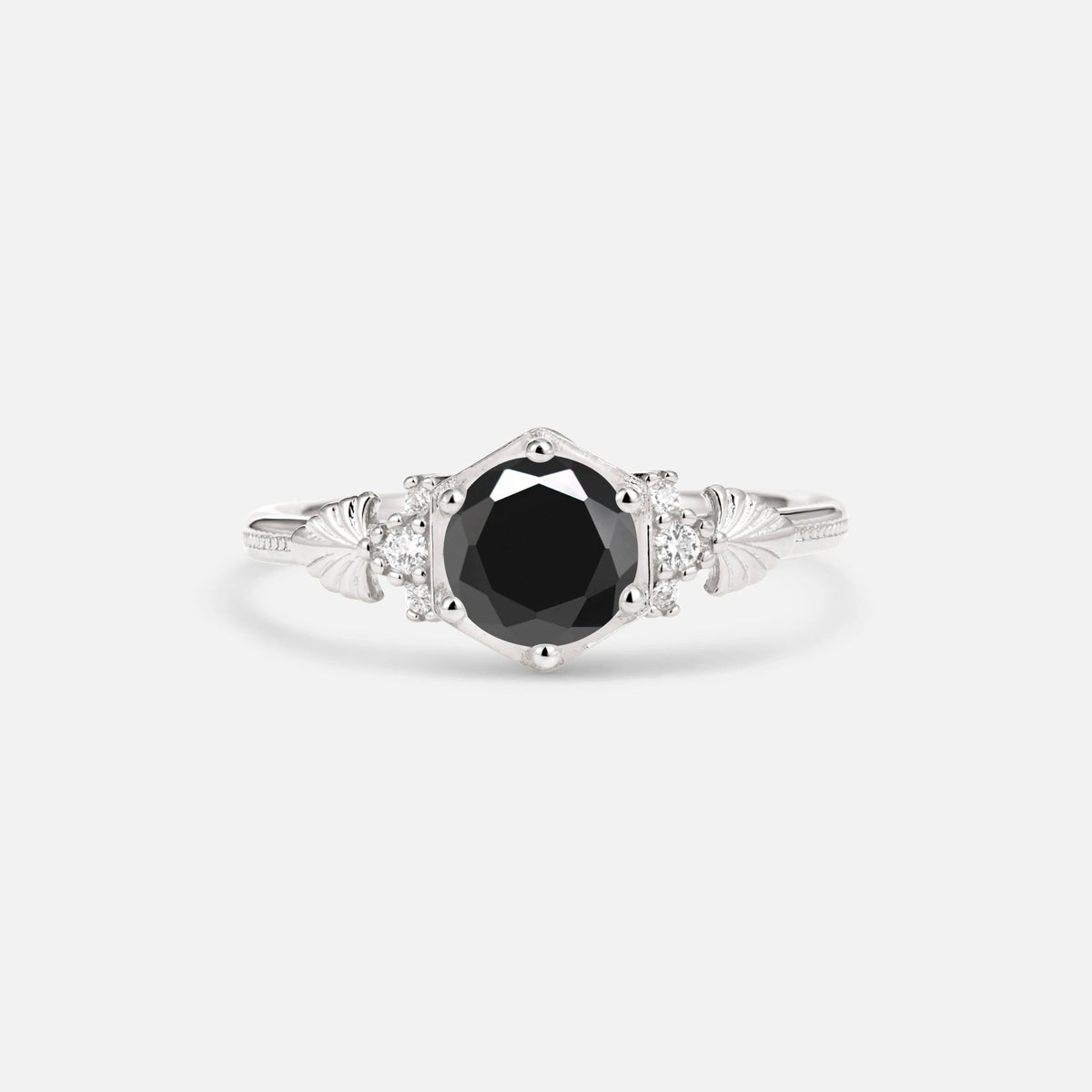 Round Cut Black Onyx Engagement Ring with Floral Side Stone Detail - Additional view