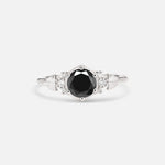 Round Cut Black Onyx Engagement Ring with Floral Side Stone Detail - Additional view