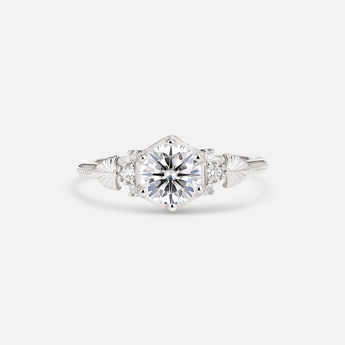 Round Cut Lab Diamond Engagement Ring with Floral Side Stone Detail - Additional view